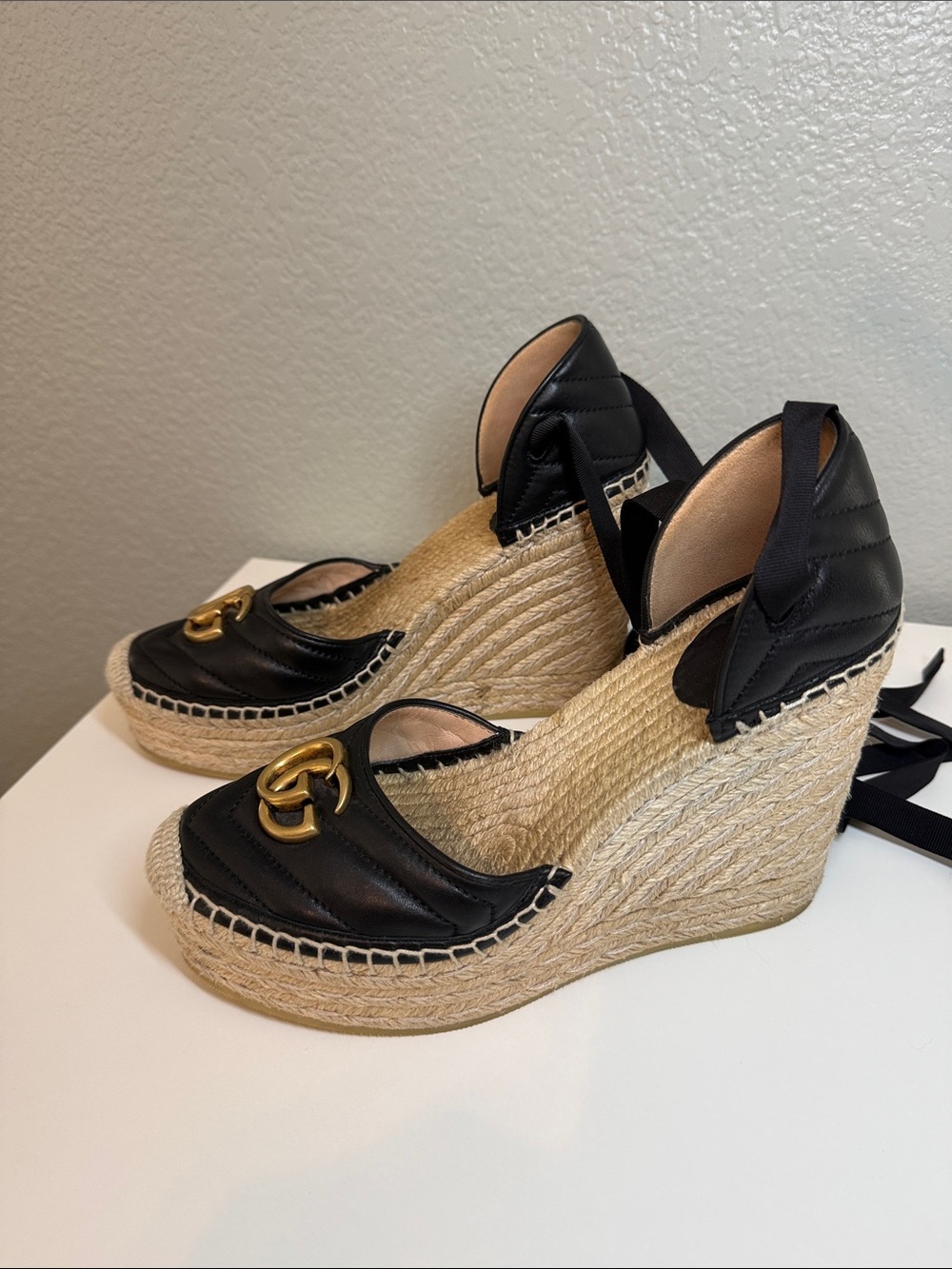Gucci Black Leather GG Espadrille Wedges with Ribbon Ties - Picture 3 of 14